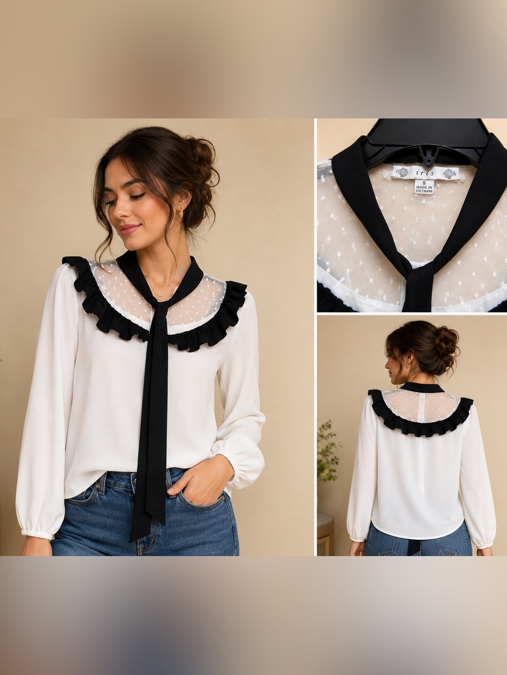 Chiffon Ruffle Tie-Neck Blouse - White with Black Trim